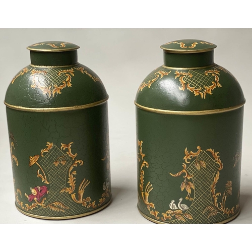 96 - TEA CANNISTERS, a pair, dark green lacquered and Chinoiserie decorated with lids, 39cm H. (2)