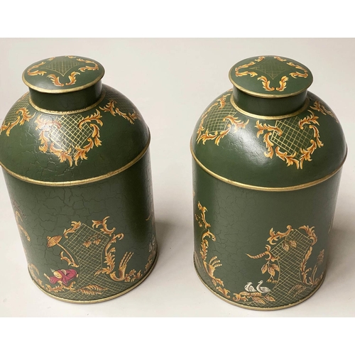 96 - TEA CANNISTERS, a pair, dark green lacquered and Chinoiserie decorated with lids, 39cm H. (2)