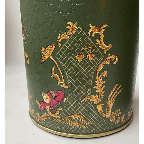 96 - TEA CANNISTERS, a pair, dark green lacquered and Chinoiserie decorated with lids, 39cm H. (2)