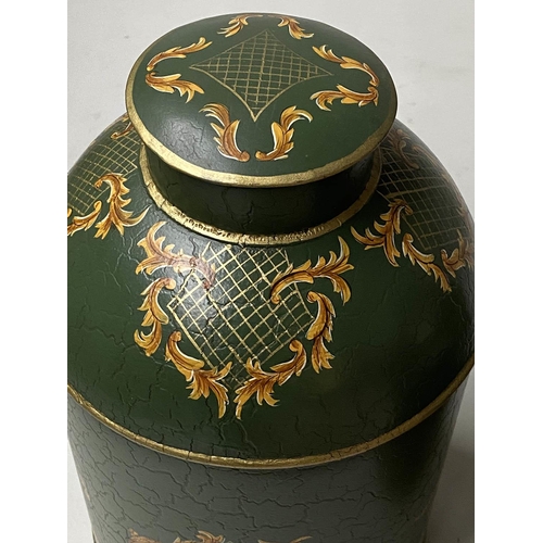 96 - TEA CANNISTERS, a pair, dark green lacquered and Chinoiserie decorated with lids, 39cm H. (2)