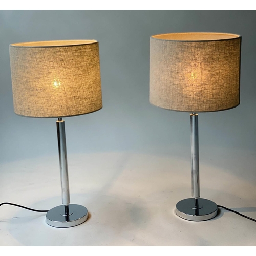 97 - TABLE LAMPS, a pair, chromium plated columns with circular bases and grey shades, 64cm H. (2)