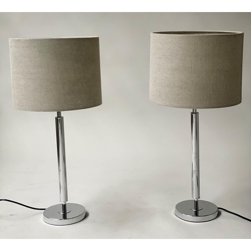 97 - TABLE LAMPS, a pair, chromium plated columns with circular bases and grey shades, 64cm H. (2)