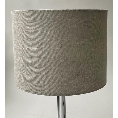 97 - TABLE LAMPS, a pair, chromium plated columns with circular bases and grey shades, 64cm H. (2)