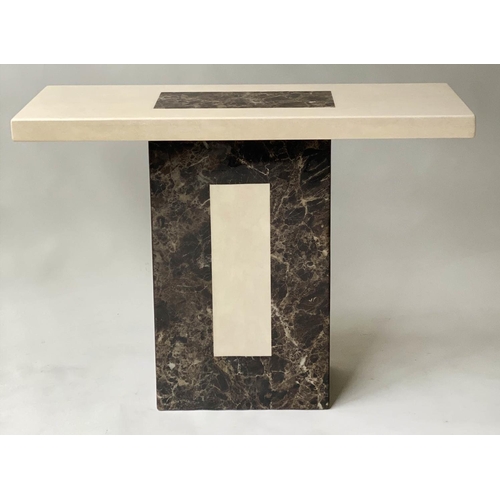 99 - CONSOLE TABLE, 1970's, rectangular travertine top, with marble insert, on column base, 110cm W x 40c... 