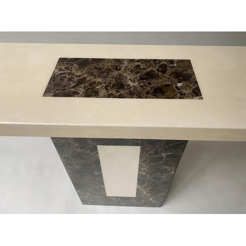 99 - CONSOLE TABLE, 1970's, rectangular travertine top, with marble insert, on column base, 110cm W x 40c... 