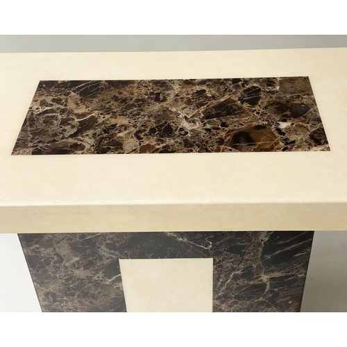 99 - CONSOLE TABLE, 1970's, rectangular travertine top, with marble insert, on column base, 110cm W x 40c... 