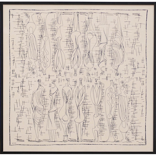 106 - HENRY MOORE 'Standing Figures', on silk, signed in the plate - Paul Smith, 117cm x 120cm, framed and... 