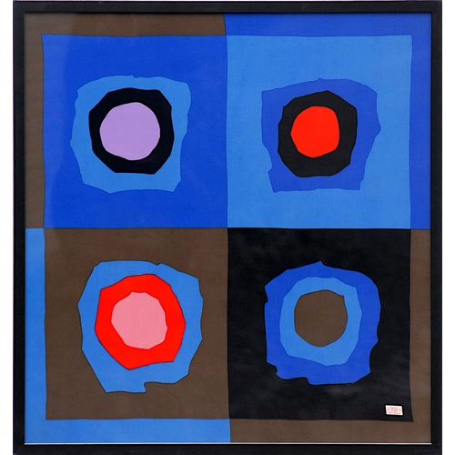 114 - SONIA DELAUNAY 'Abstract', on silk scarf, Liberty, 85cm x 80cm, framed and glazed.