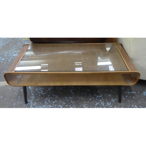 176 - LOW TABLE, 1960's Danish style, faux rattan with glass top, 120cm x 50cm x 45cm.