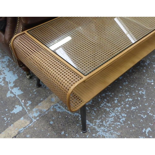 176 - LOW TABLE, 1960's Danish style, faux rattan with glass top, 120cm x 50cm x 45cm.