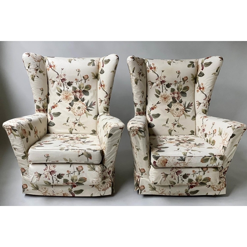 571 - ARMCHAIRS, a pair, 1960's Howard Keith style with trailing rose printed upholstery, 90cm W. (2)