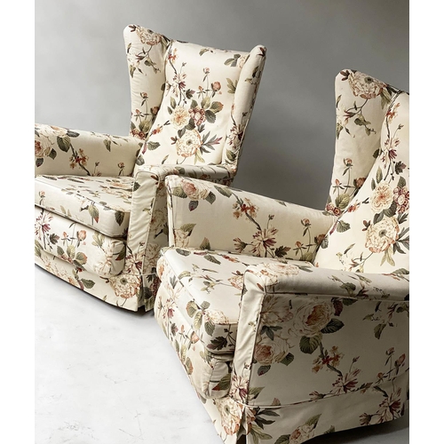 571 - ARMCHAIRS, a pair, 1960's Howard Keith style with trailing rose printed upholstery, 90cm W. (2)