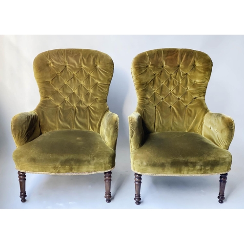 573 - ARMCHAIRS, a pair, Victorian style buttoned soft green velvet with turned front supports, 73cm W. (2... 