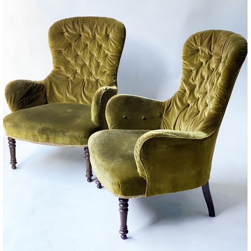 573 - ARMCHAIRS, a pair, Victorian style buttoned soft green velvet with turned front supports, 73cm W. (2... 