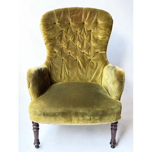 573 - ARMCHAIRS, a pair, Victorian style buttoned soft green velvet with turned front supports, 73cm W. (2... 