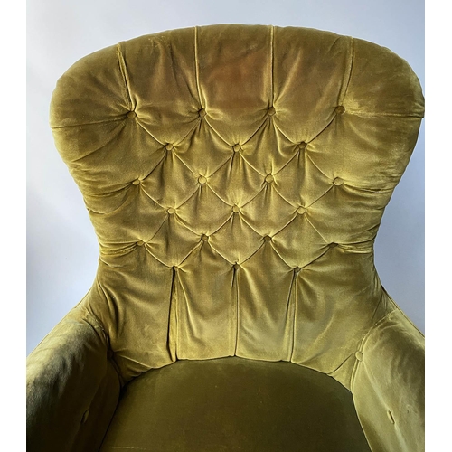 573 - ARMCHAIRS, a pair, Victorian style buttoned soft green velvet with turned front supports, 73cm W. (2... 