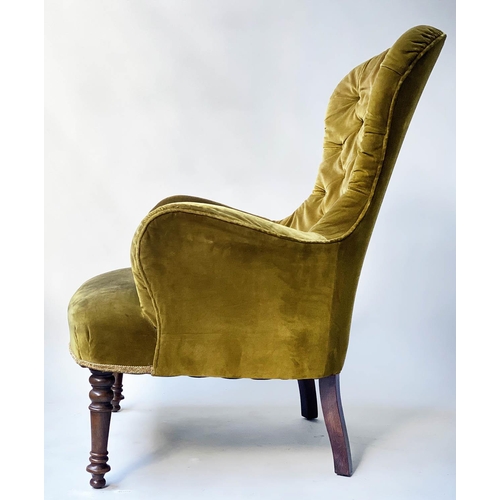 573 - ARMCHAIRS, a pair, Victorian style buttoned soft green velvet with turned front supports, 73cm W. (2... 