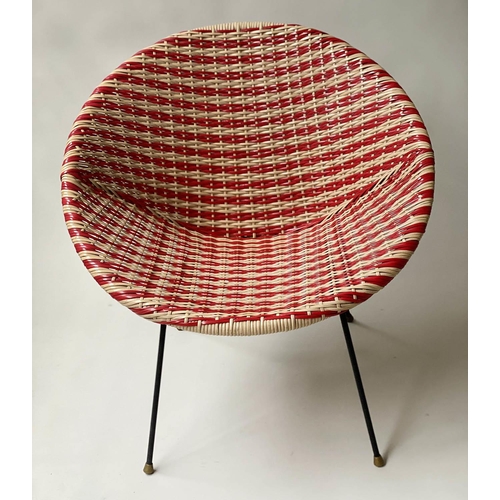 94 - SATELLITE ARMCHAIR, 1970's Italian, red and white patterned weave, with black metal gold tipped supp... 