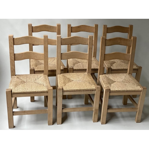 98 - DINING CHAIRS, a set of six, English sycamore, with bar backs and rush seats, 90.5cm H. (6)