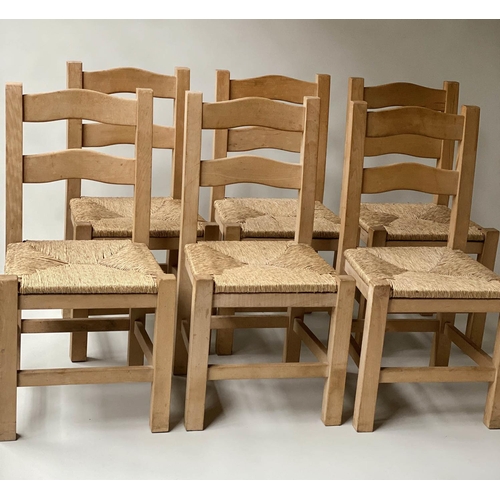 98 - DINING CHAIRS, a set of six, English sycamore, with bar backs and rush seats, 90.5cm H. (6)