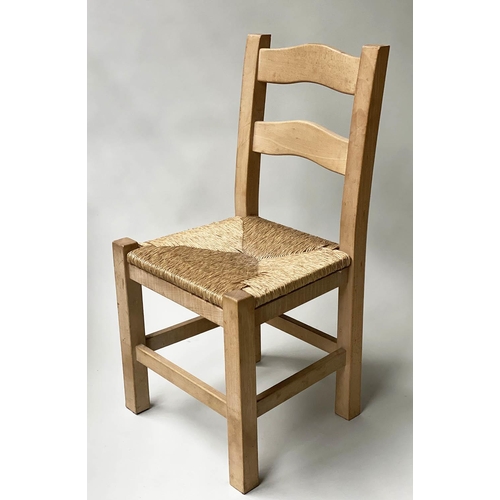 98 - DINING CHAIRS, a set of six, English sycamore, with bar backs and rush seats, 90.5cm H. (6)