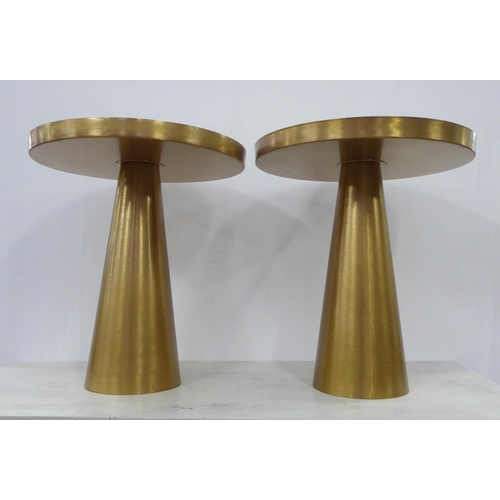 45 - SIDE TABLES, a pair, contemporary gilt metal with enameled tops, 50cm x 45cm diam. (2)