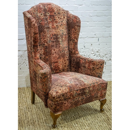 586 - WING ARMCHAIR, Georgian style beech wood in floral patterned velvet, 123cm H x 86cm.