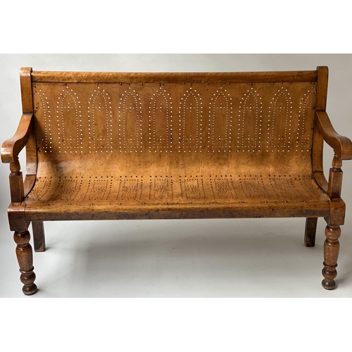 582 - WAITING ROOM BENCH, Victorian birch, mahogany and bentwood with Gothic pierced tracery and turned fr... 