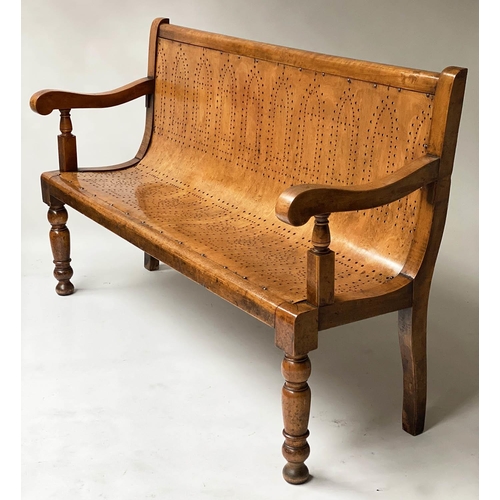 582 - WAITING ROOM BENCH, Victorian birch, mahogany and bentwood with Gothic pierced tracery and turned fr... 