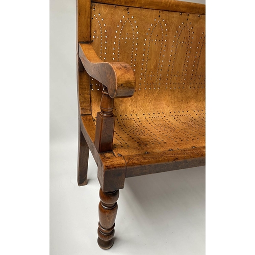 582 - WAITING ROOM BENCH, Victorian birch, mahogany and bentwood with Gothic pierced tracery and turned fr... 