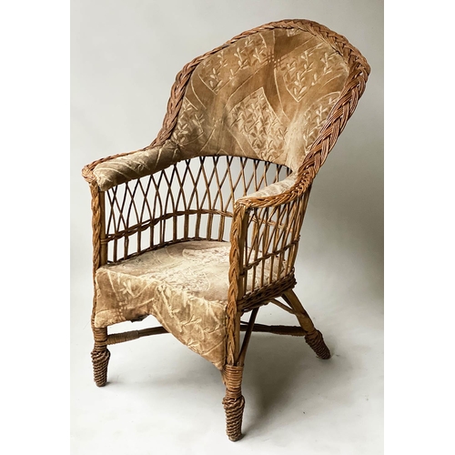 616 - VERANDA ARMCHAIR, Edwardian bamboo and cane bound with gold cut velvet upholstery, 71cm W.