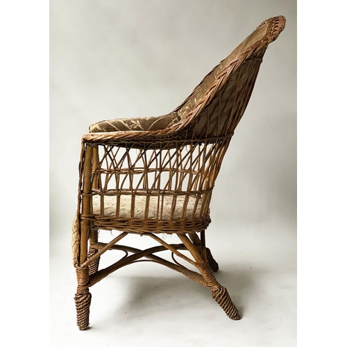 616 - VERANDA ARMCHAIR, Edwardian bamboo and cane bound with gold cut velvet upholstery, 71cm W.