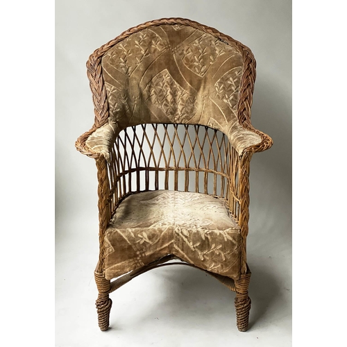 616 - VERANDA ARMCHAIR, Edwardian bamboo and cane bound with gold cut velvet upholstery, 71cm W.