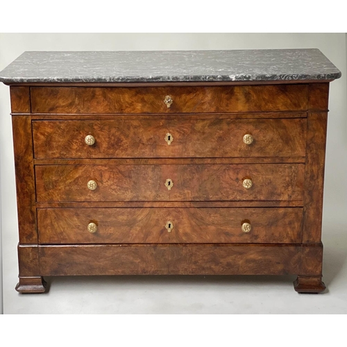 620 - COMMODE, early 19th century French Charles X burr walnut with marble top above four long well figure... 