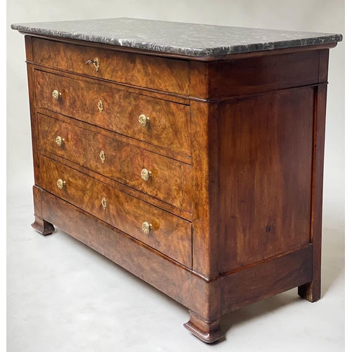 620 - COMMODE, early 19th century French Charles X burr walnut with marble top above four long well figure... 