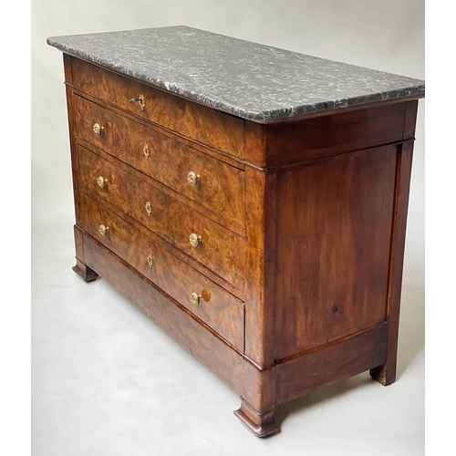 620 - COMMODE, early 19th century French Charles X burr walnut with marble top above four long well figure... 