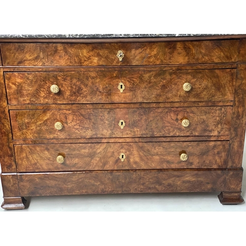 620 - COMMODE, early 19th century French Charles X burr walnut with marble top above four long well figure... 