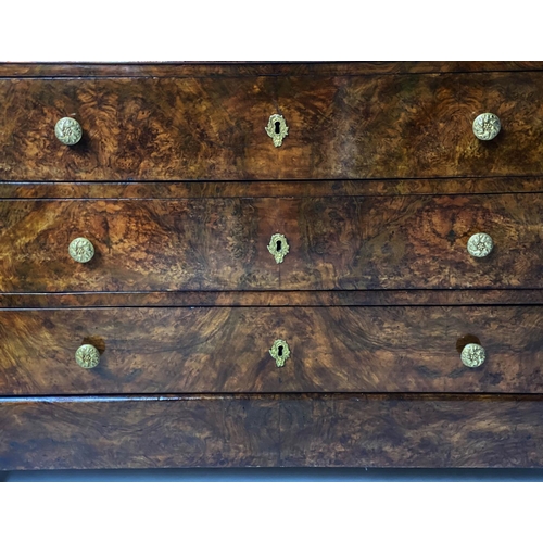 620 - COMMODE, early 19th century French Charles X burr walnut with marble top above four long well figure... 