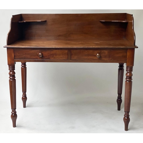 621 - WRITING TABLE, early Victorian mahogany with 3/4 gallery, shelves and two false drawers, 101cm H x 1... 