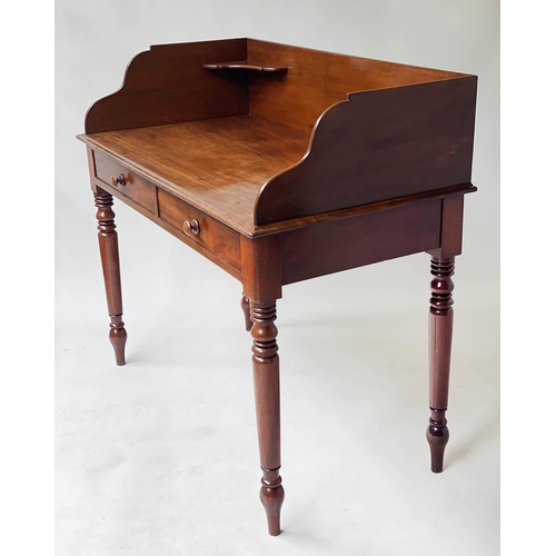 621 - WRITING TABLE, early Victorian mahogany with 3/4 gallery, shelves and two false drawers, 101cm H x 1... 