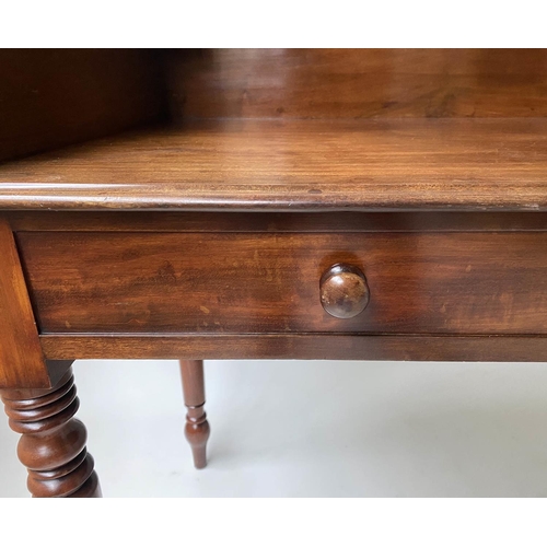 621 - WRITING TABLE, early Victorian mahogany with 3/4 gallery, shelves and two false drawers, 101cm H x 1... 