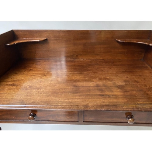 621 - WRITING TABLE, early Victorian mahogany with 3/4 gallery, shelves and two false drawers, 101cm H x 1... 