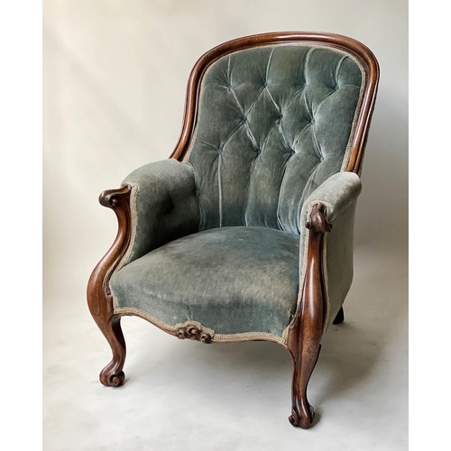 624 - ARMCHAIR, early Victorian mahogany with button smoke blue upholstery, 66cm W.