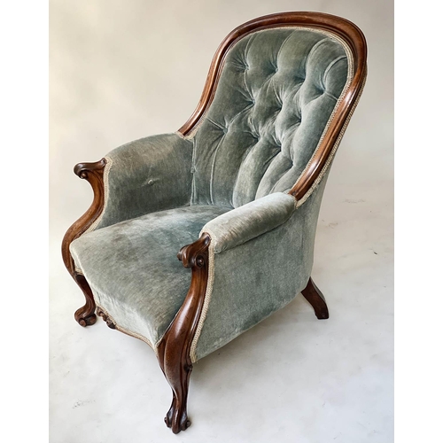 624 - ARMCHAIR, early Victorian mahogany with button smoke blue upholstery, 66cm W.