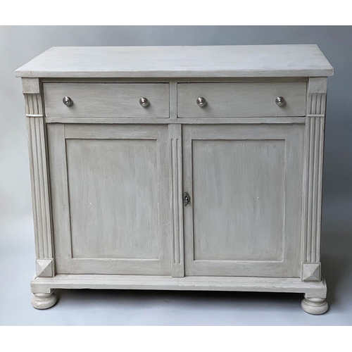 607 - SIDE CABINET, 19th century Scandinavian style traditionally grey painted with two drawers and two pa... 