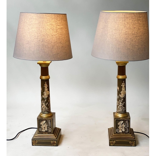 609 - DESK/TABLE LAMPS, a pair, toleware brown painted with gilt and white Chinoiserie decoration of colum... 