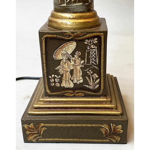 609 - DESK/TABLE LAMPS, a pair, toleware brown painted with gilt and white Chinoiserie decoration of colum... 