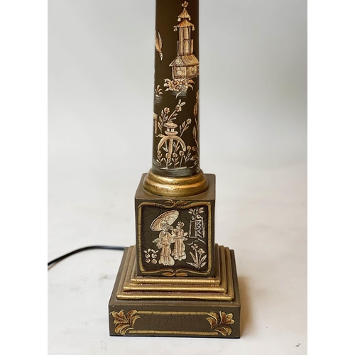 609 - DESK/TABLE LAMPS, a pair, toleware brown painted with gilt and white Chinoiserie decoration of colum... 