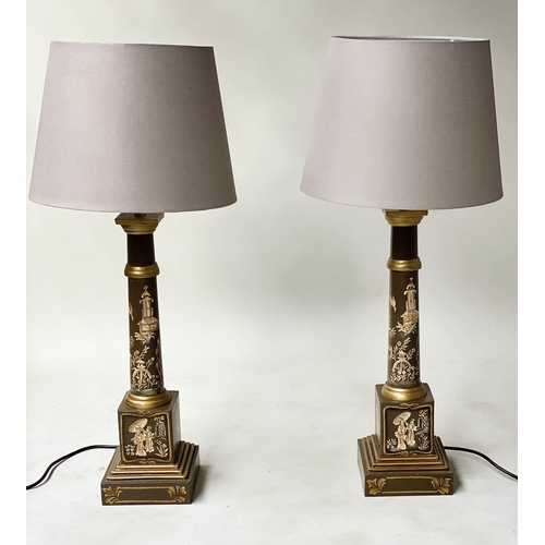 609 - DESK/TABLE LAMPS, a pair, toleware brown painted with gilt and white Chinoiserie decoration of colum... 