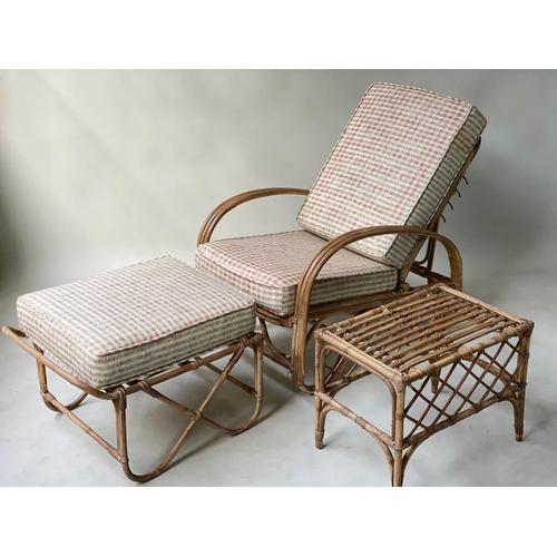 610 - GARDEN/TERRACE LOUNGER, mid 20th century bamboo rattan and cane bound with reclining adjustable armc... 